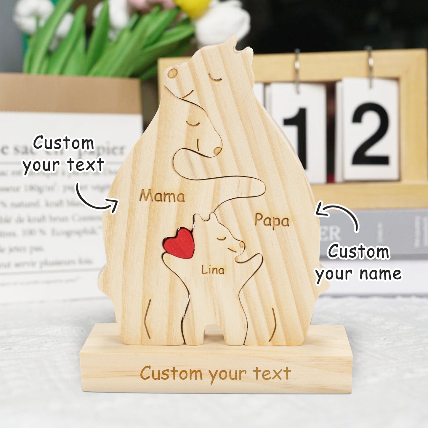 Custom Wooden Bear Family Puzzle Personalized 2-10 Names Gifts