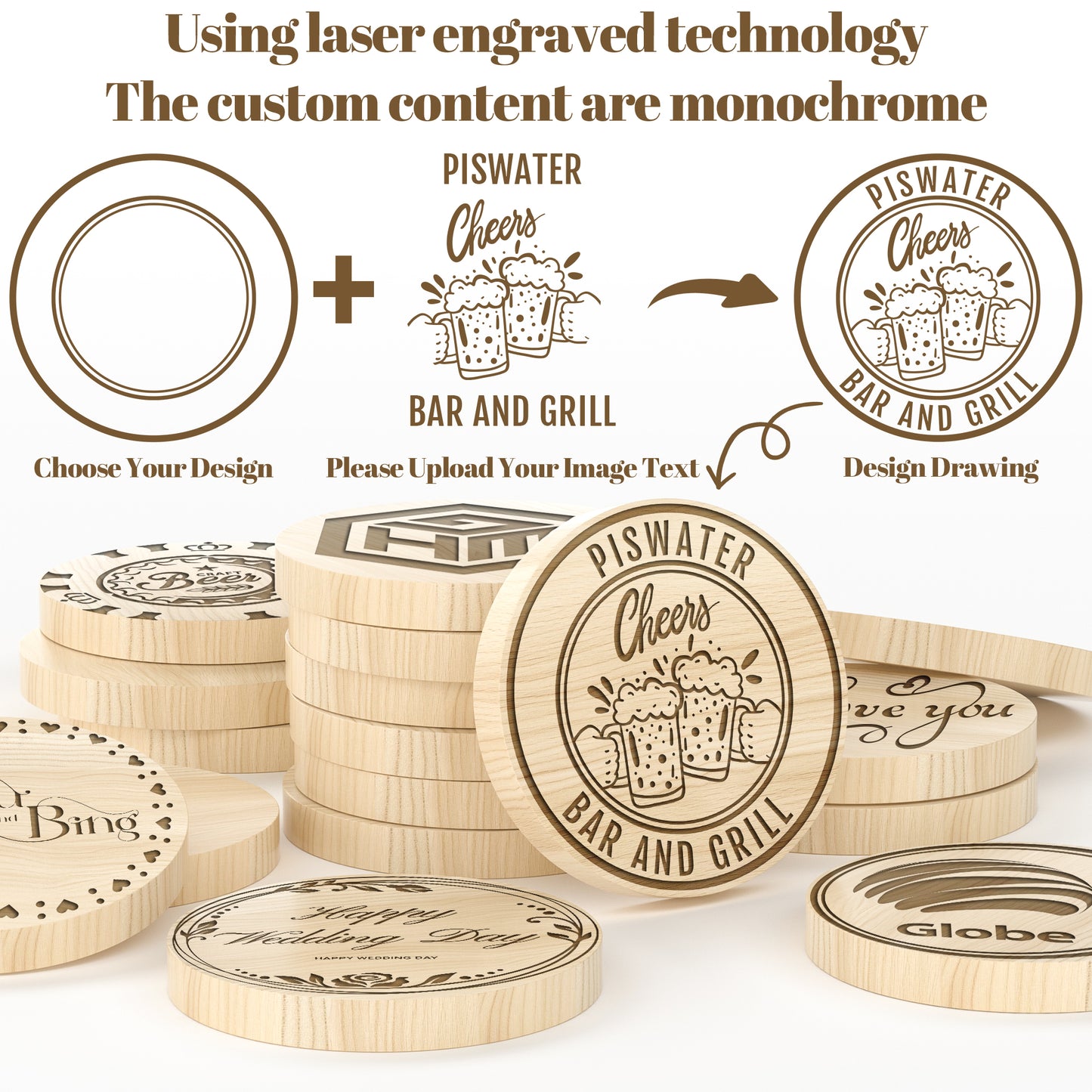 Custom Engraved Wooden Tokens Double-Sided Laser Etched Drink Coins for Weddings, Corporate Branding & Game Nights