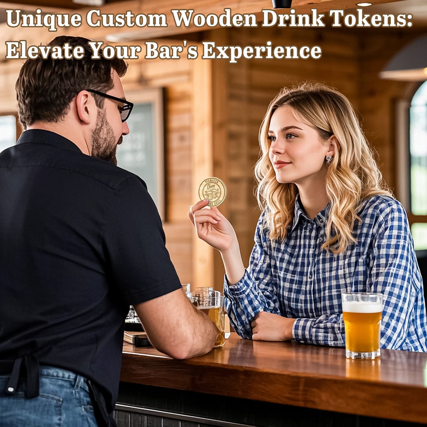 Custom Engraved Wooden Tokens Double-Sided Laser Etched Drink Coins for Weddings, Corporate Branding & Game Nights