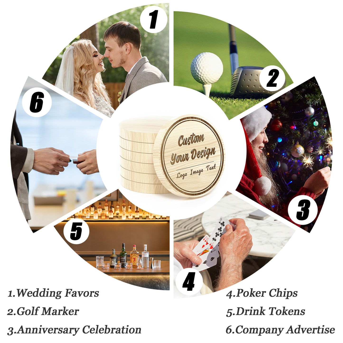 Custom Engraved Wooden Tokens Double-Sided Laser Etched Drink Coins for Weddings, Corporate Branding & Game Nights